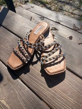 Steve Madden Tan Pyramid Stud Strappy Slide Sandals